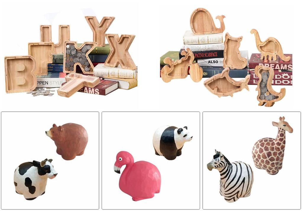 Assorted wooden piggy banks showcasing various designs and finishes