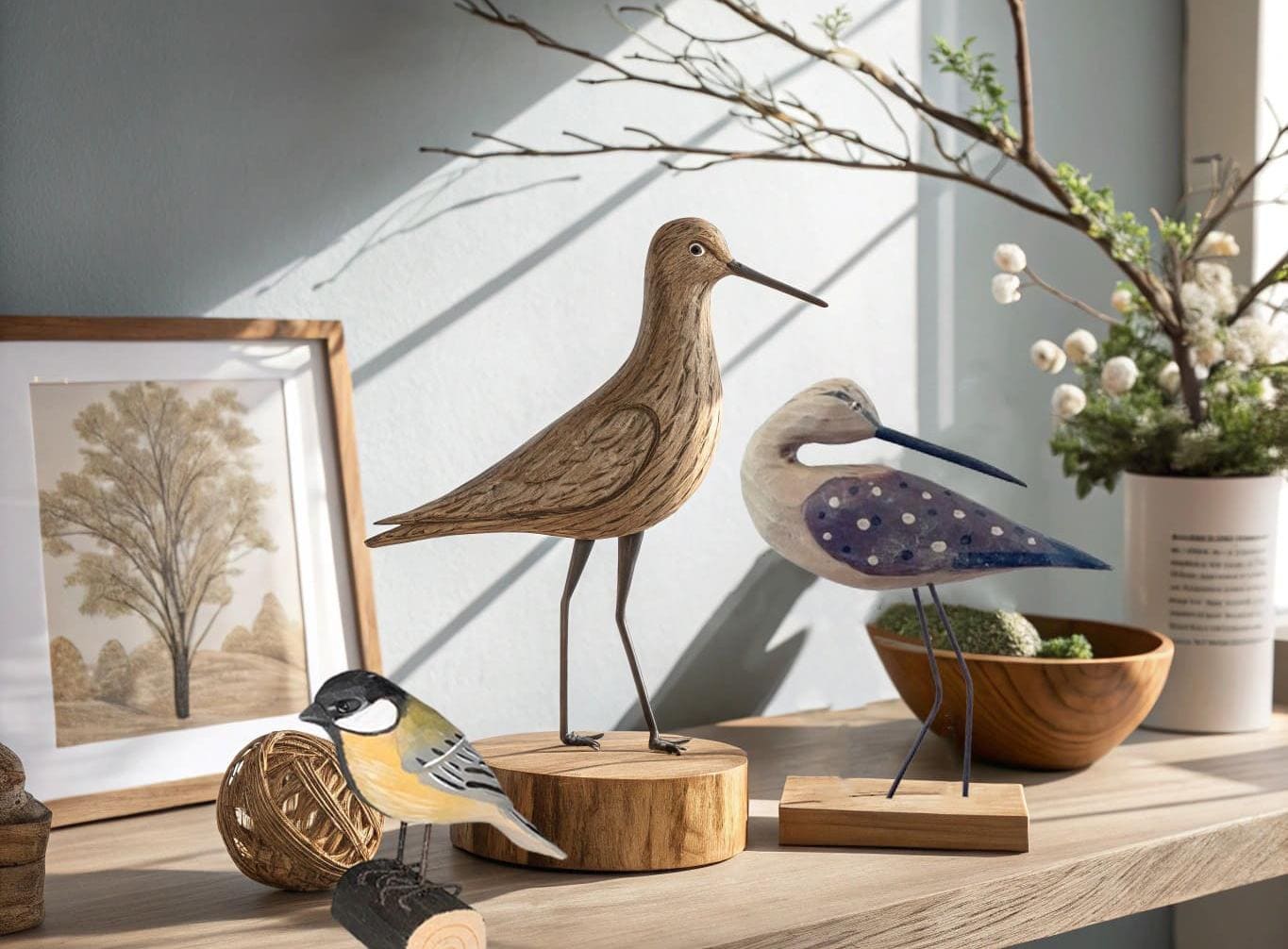Elegant hand carved wooden birds displayed in a minimalist modern interior setting, showcasing the blend of traditional craftsmanship with contemporary design