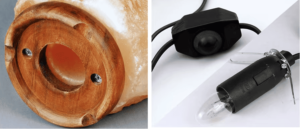 Display of various salt lamp accessories including bulbs, dimmer cords, and maintenance tools