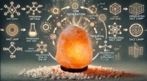 Diagram showing how rock salt lights generate negative ions for air purification