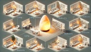 Diagram showing optimal cool salt lamp placement in various room settings